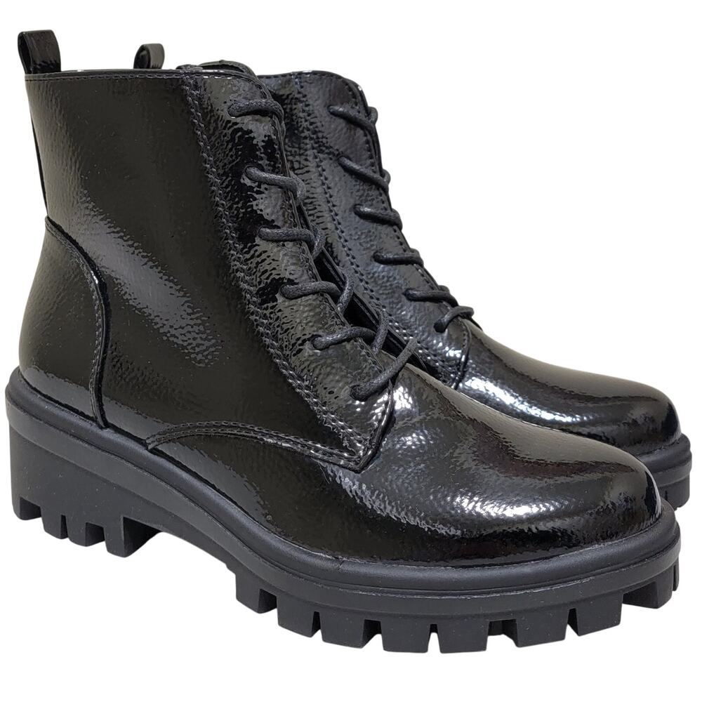 White Mountain Women Tappy Lug Sole Combat Boots Size US 5M Black Faux Patent